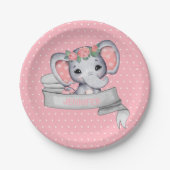 Personalisierter Name Elephant Baby Girl Pink & Gr Pappteller (Vorderseite)