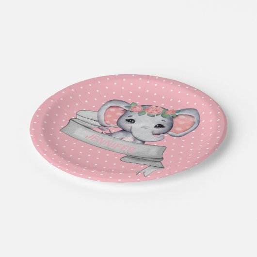 Personalisierter Name Elephant Baby Girl Pink & Gr Pappteller (Schrägansicht)