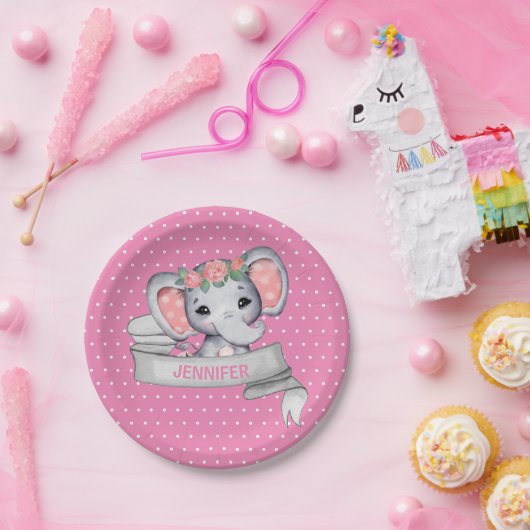 Personalisierter Name Elephant Baby Girl Pink & Gr Pappteller (Party)