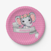 Personalisierter Name Elephant Baby Girl Pink & Gr Pappteller (Vorderseite)