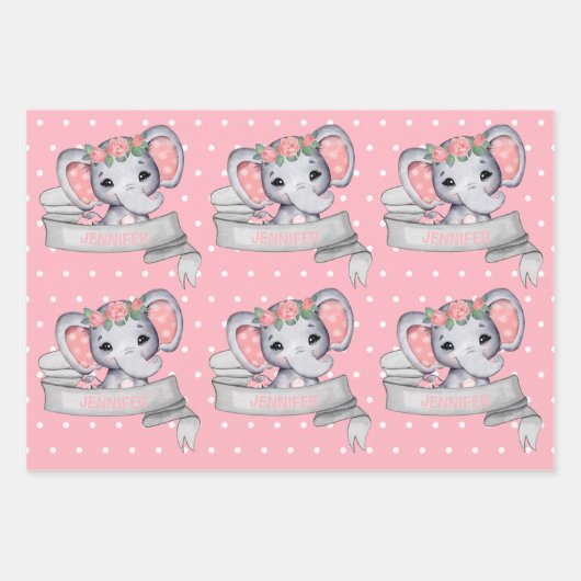 Personalisierter Name Elephant Baby Girl Pink Must Geschenkpapier Set (Vorderseite)
