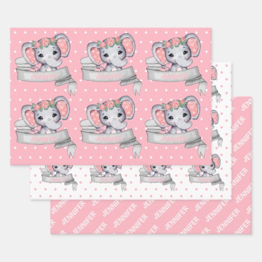 Personalisierter Name Elephant Baby Girl Pink Must Geschenkpapier Set (Set)