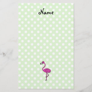 Personalisierter Name Flamingo grüne Polka-Punkte Briefpapier