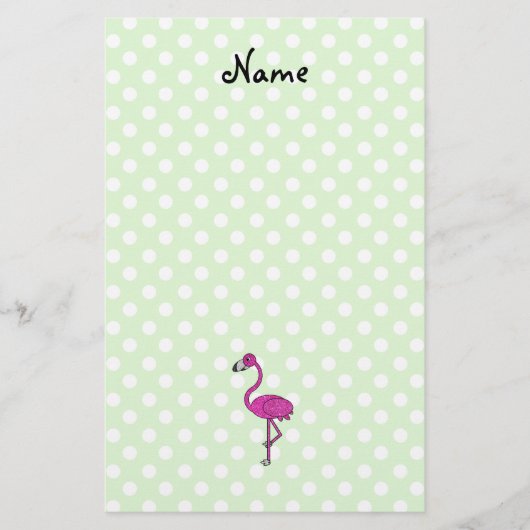 Personalisierter Name Flamingo grüne Polka-Punkte Briefpapier (Vorderseite)