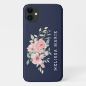Personalisierter Name Floral Blush Navy Case-Mate iPhone Hülle (Rückseite)
