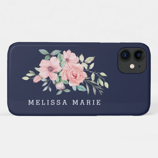 Personalisierter Name Floral Blush Navy Case-Mate iPhone Hülle (Rückseite (Horizontal))