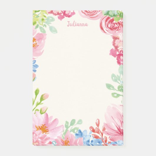 Personalisierter Name Floral Pastell Blume Grenze Post-it Klebezettel (Vorderseite)