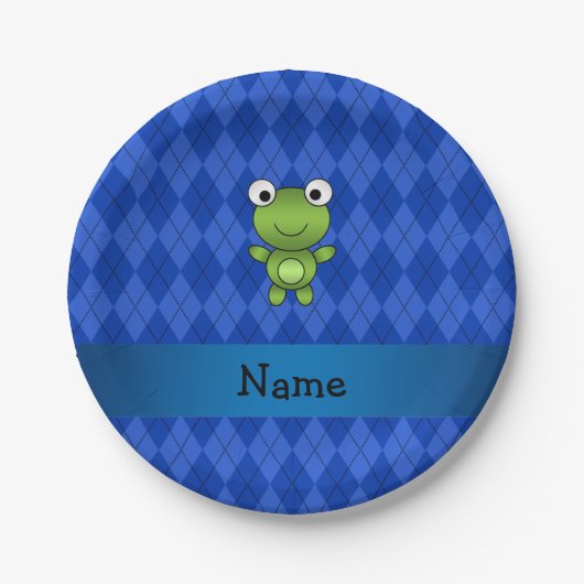 Personalisierter Name Frosch blaue Raute Pappteller (Vorderseite)