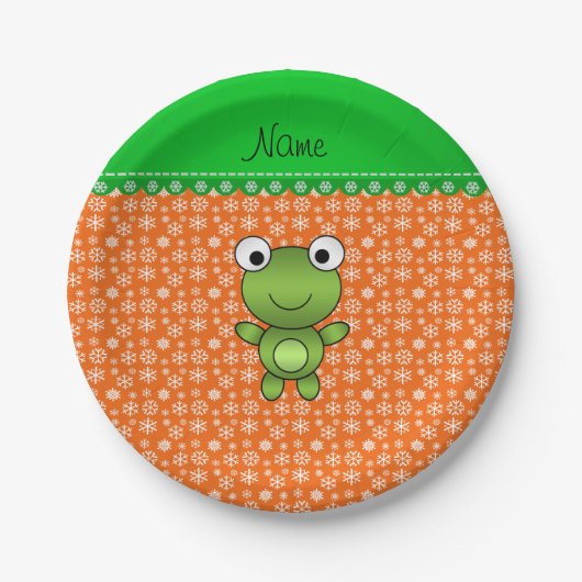 Personalisierter Name Frosch Orangenschneeflocken Pappteller (Vorderseite)