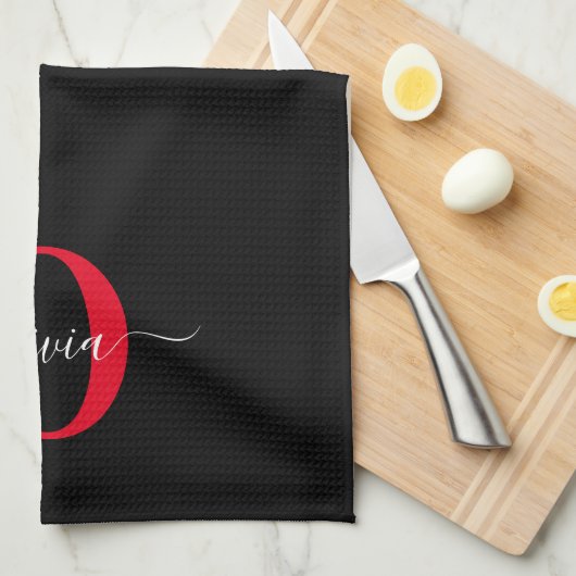 Personalisierter Name für Monogramm-Skript Schwarz Geschirrtuch (Viertel Falte)