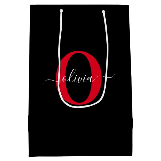 Personalisierter Name für Monogramm-Skript Schwarz Mittlere Geschenktüte (Rückseite)