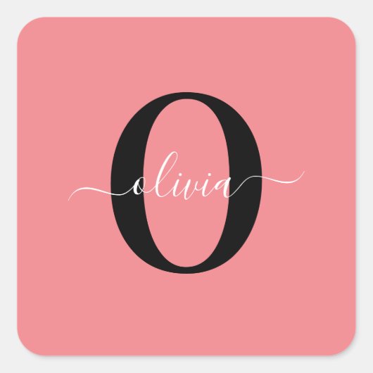 Personalisierter Name für Monogramm-Skripte Schwar Quadratischer Aufkleber (Vorderseite)