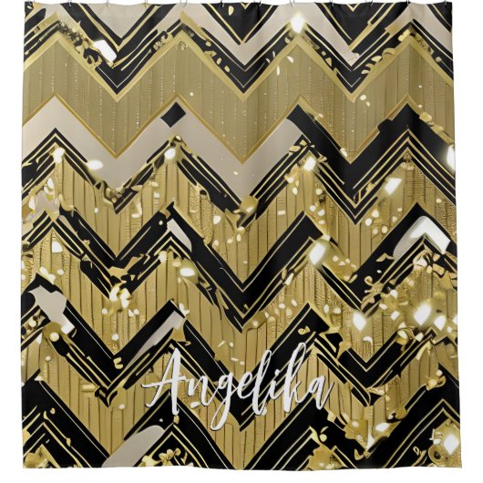 Personalisierter Name für Zickzack Schwarz und Gol Duschvorhang (Vorderseite)