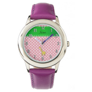 Personalisierter Name Gelbe Giraffe Rosa Polka Pun Armbanduhr