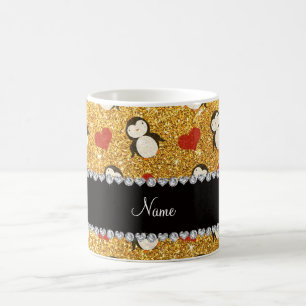Personalisierter Name Gelbe Glitzer Pinguine Herz Kaffeetasse