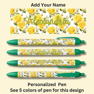 Personalisierter Name, gelbe Rosen auf grünem Pen Kugelschreiber