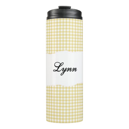 Personalisierter Name gelbes Gingham-Muster Thermosbecher (Vorderseite)