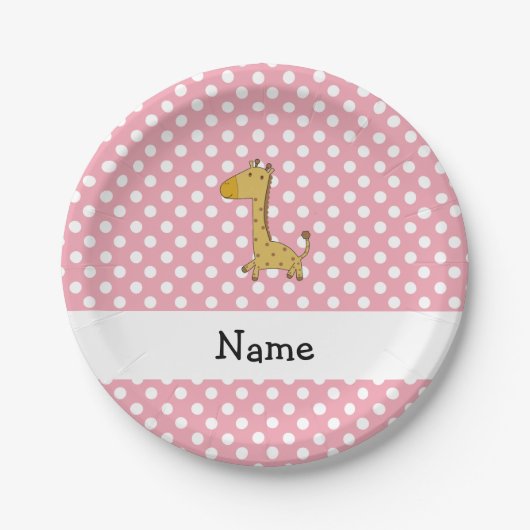 Personalisierter Name Giraffe Pink Polka Punkte Pappteller (Vorderseite)