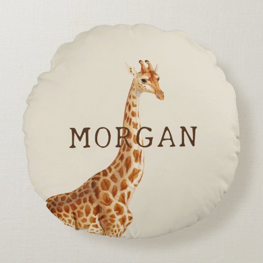 Personalisierter Name Giraffe Safari Rundes Kissen (Vorderseite)