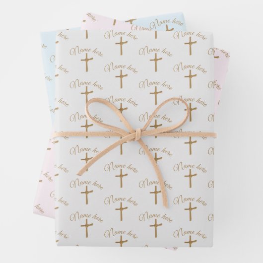 Personalisierter Name Gold Cross Christening Taufe Geschenkpapier Set (Beispiel)