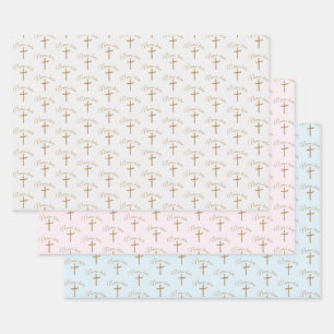 Personalisierter Name Gold Cross Christening Taufe Geschenkpapier Set