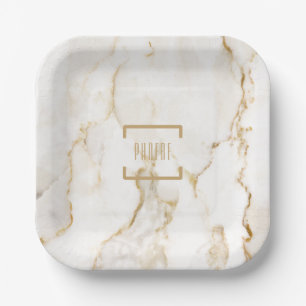 Personalisierter Name Gold-Marmormuster Pappteller