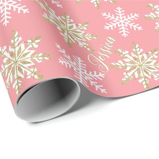 Personalisierter Name Gold Snowflake Rosa Geschenk Geschenkpapier (Rolleneckpunkt)