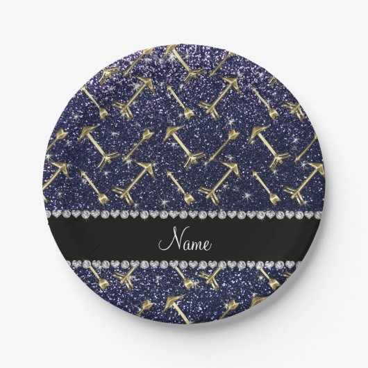 Personalisierter Name Goldpfeile marineblauer Glit Pappteller (Vorderseite)