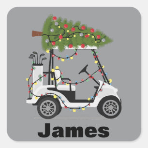 Personalisierter Name Golfer Weihnachten Golfwagen Quadratischer Aufkleber