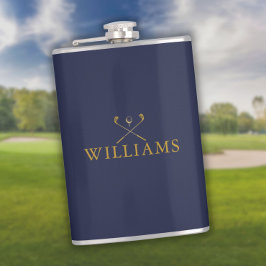 Personalisierter Name Golfklubs Gold und Navy Blue Flachmann