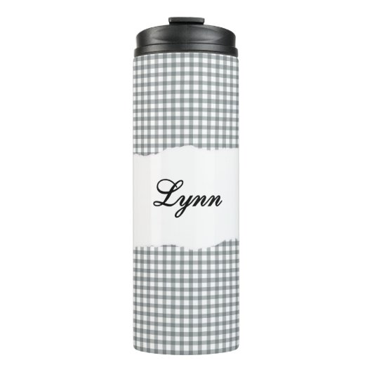 Personalisierter Name Grau Gingham-Muster Thermosbecher (Vorderseite)
