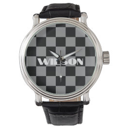 personalisierter Name grau und schwarz kariert  Armbanduhr