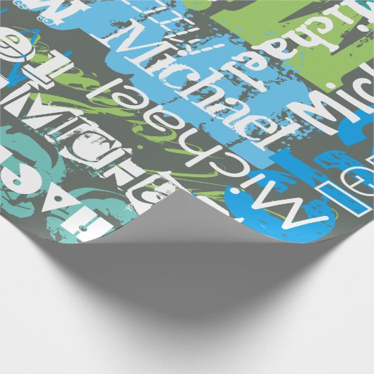 Personalisierter Name Graue blaue grüne U-Bahn Art Geschenkpapier (Ecke)