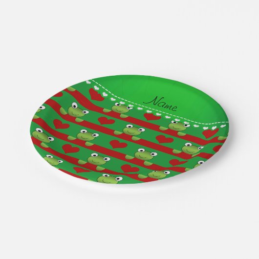 Personalisierter Name grüne Frösche Pappteller (Schrägansicht)