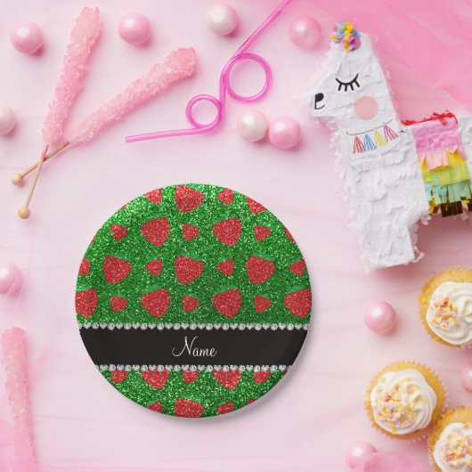 Personalisierter Name Grüne Glitzer Erdbeere Pappteller (Party)