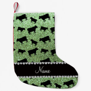 Personalisierter Name hellgrüner Glitzer Kühe Kleiner Weihnachtsstrumpf