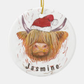Personalisierter Name Highland Cow mit Weihnachtsh Keramik Ornament (Vorne)