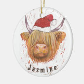 Personalisierter Name Highland Cow mit Weihnachtsh Keramik Ornament (Links)