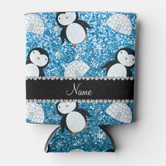 Personalisierter Name Himmelblau Glitzer Pinguine  Dosenkühler (Vorderseite)