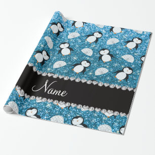 Personalisierter Name Himmelblau Glitzer Pinguine  Geschenkpapier