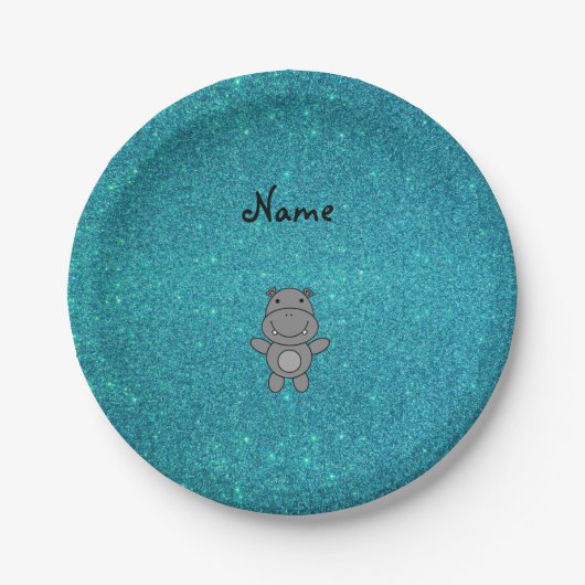 Personalisierter Name hippo türkis Glitzer Pappteller (Vorderseite)