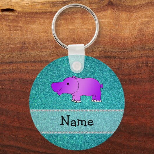 Personalisierter Name hippo türkis Glitzer Schlüsselanhänger (Vorderseite)