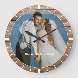Personalisierter Name Hochzeitsheiz Foto Rustikale Große Wanduhr