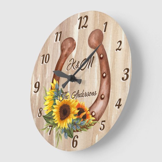 Personalisierter Name Hufeisen mit Sonnenblumenhol Große Wanduhr (Winkel)