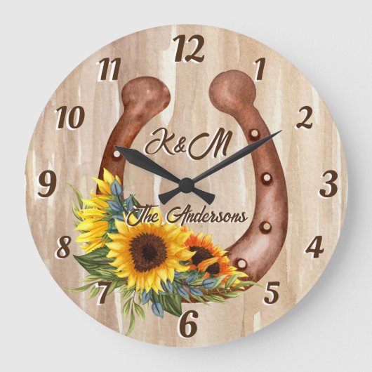 Personalisierter Name Hufeisen mit Sonnenblumenhol Große Wanduhr (Vorderseite)