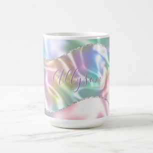 Personalisierter Name in lila Schrift, schillernde Kaffeetasse