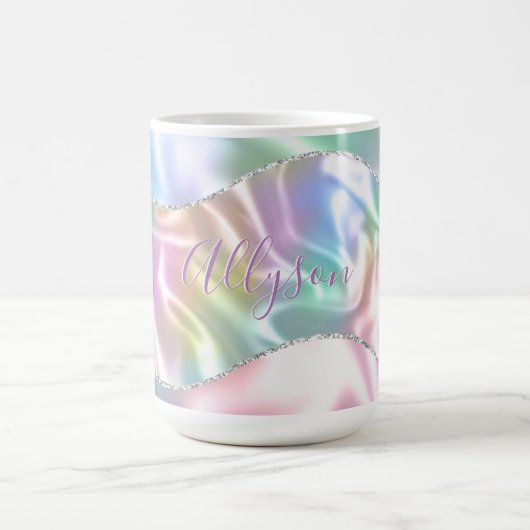 Personalisierter Name in lila Schrift, schillernde Kaffeetasse (Mittel)