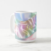 Personalisierter Name in lila Schrift, schillernde Kaffeetasse (Vorderseite Links)