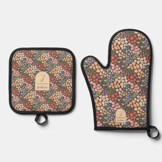 Personalisierter Name & Initialen Blumenmuster Ofenhandschuh & Topflappen-Set (Vorderseite)