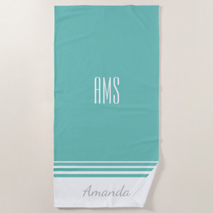 Personalisierter Name & Initialen, Türkis und Weiß Strandtuch